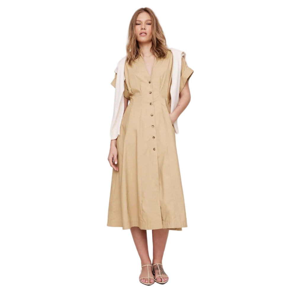 Banana Republic Beige Poplin Midi Shirt Dress A-Line Cotton Coastal Short Sleeve